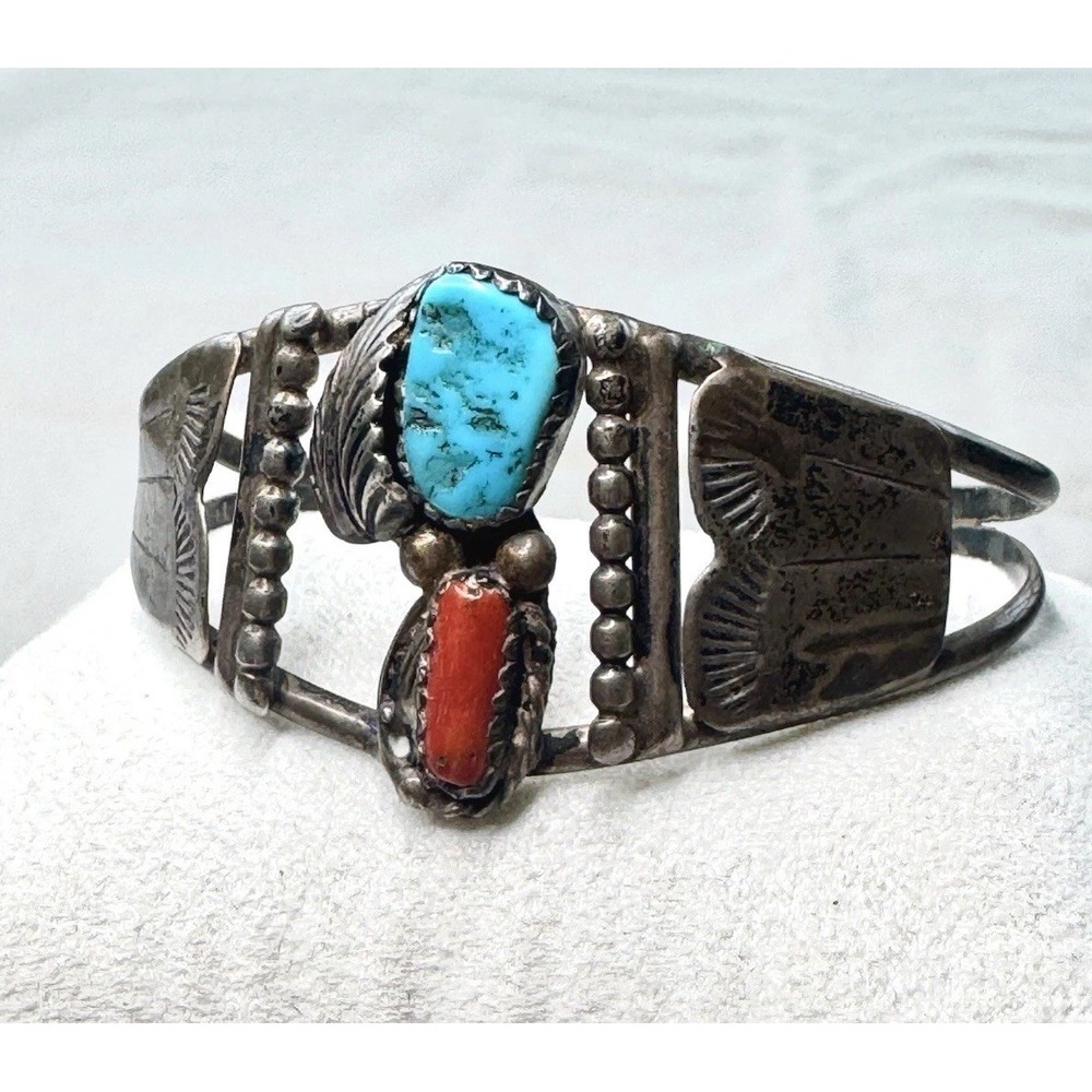 Cuff Bracelet 1950-1970 Navajo 16.25g Sterling Turquoise Coral Openwork 6.25"